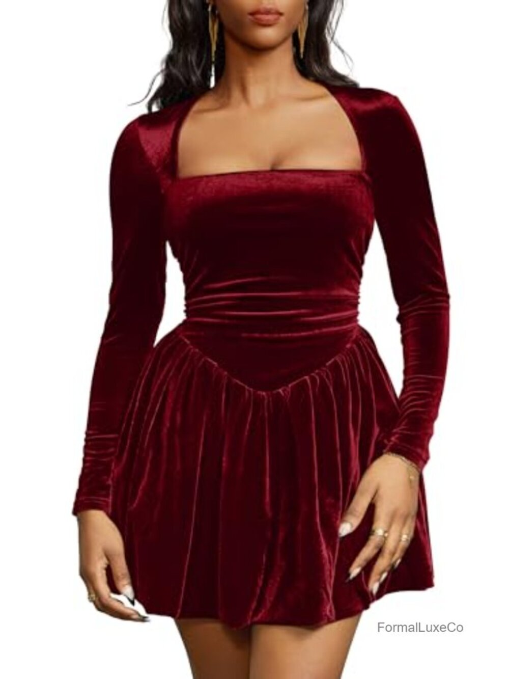 Velvet Bubble Mini Dress Long Sleeve Square Neck Party Cocktail